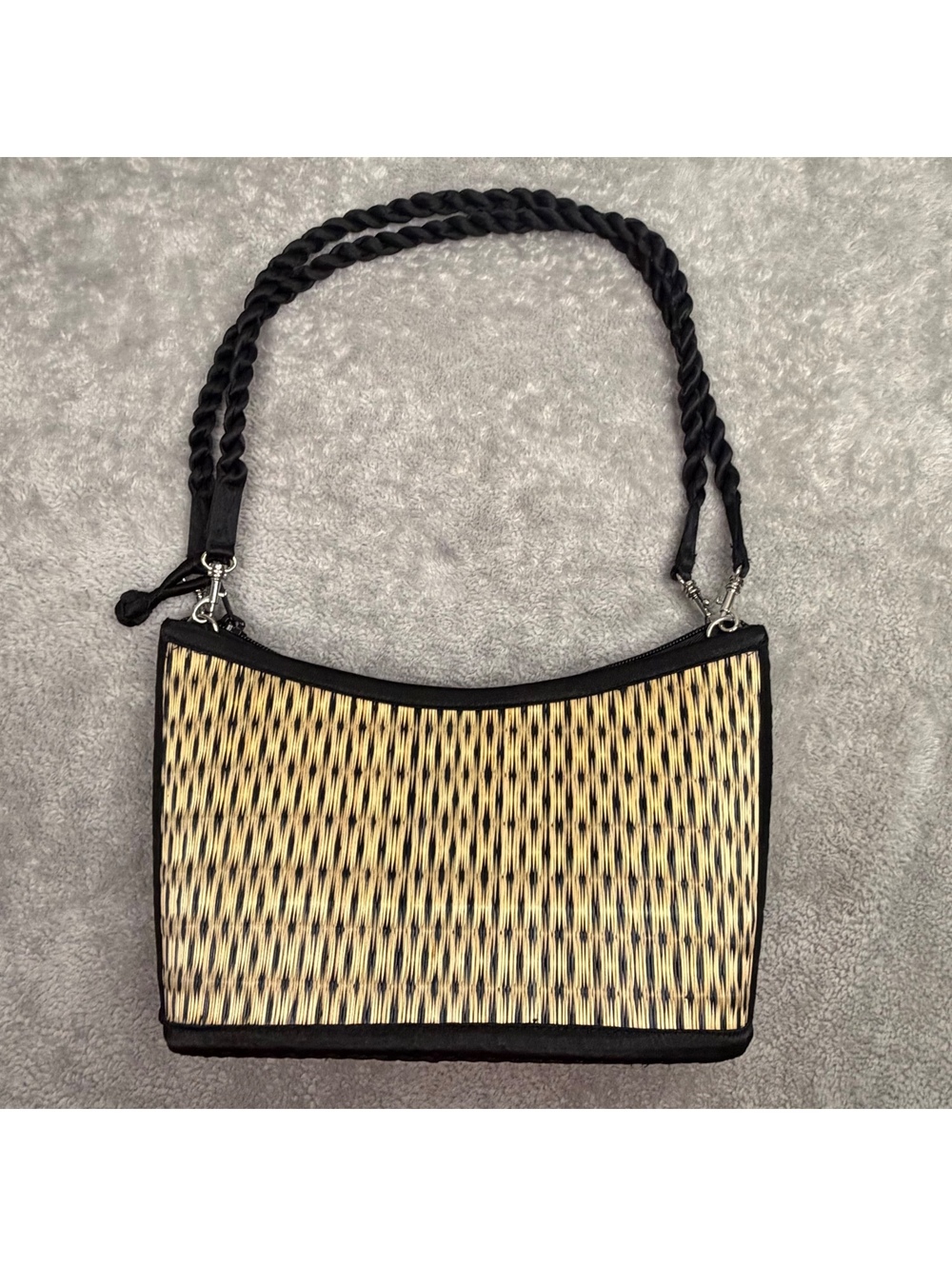 Baskets of Cambodia Woven River Grass Shoulder Bag Tan Black Braided Strap